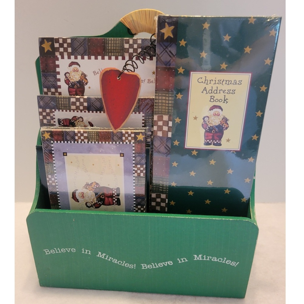 Vtg Christmas Stationery New Seasons Ephemera Set Farmhouse Santa Wooden Box